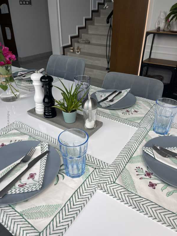 Exquisite 6-piece hand block printed placemat and napkin set in pure cotton stand out with a green purple modern design