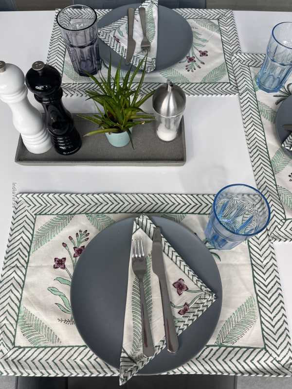 Exquisite 6-piece hand block printed placemat and napkin set in pure cotton stand out with a green purple modern design