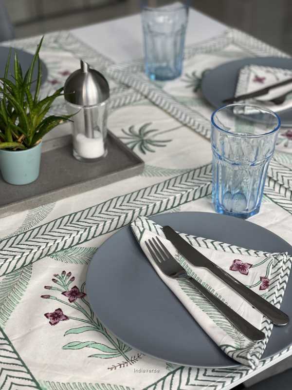 Exquisite 6-piece hand block printed placemat and napkin set in pure cotton stand out with a green purple modern design