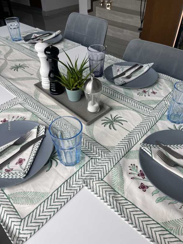 Exquisite 6-piece hand block printed placemat and napkin set in pure cotton stand out with a green purple modern design