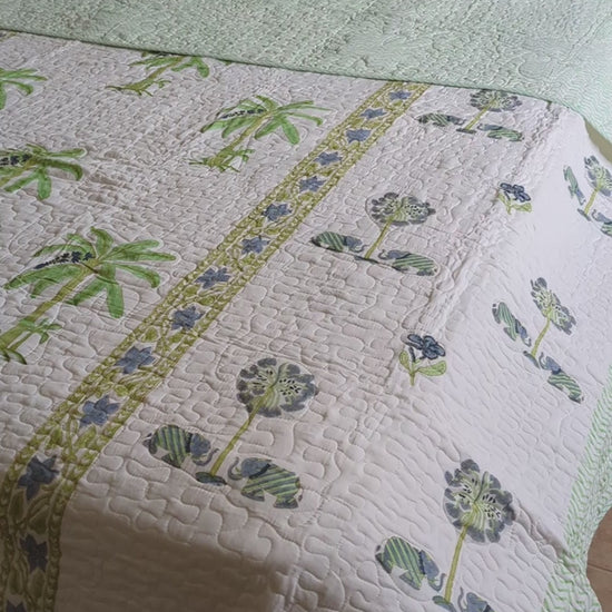 Green blue Jaipuri Comforter with Elephant and Palm in pure cotton with 2 matching quilted pillow cases