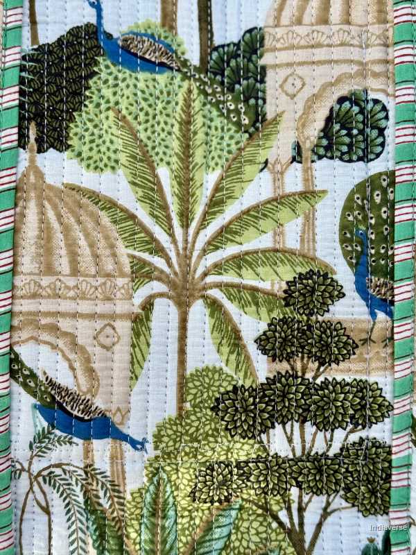 Printed quilted cotton tote bag for beach,shopping and to carry large items comfortable with peacock and trees design
