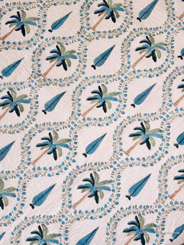 A close-up of a fabric pattern featuring repeating palm trees, blue teardrop motifs, and circular floral borders on a light cream background.