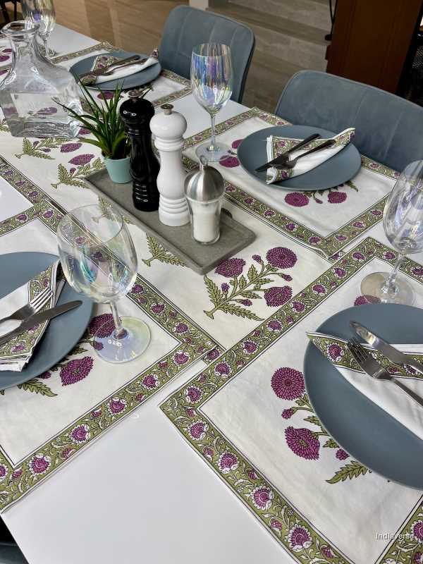 placemat napkin and runner set for 6 people hand block printed flower design purple and green