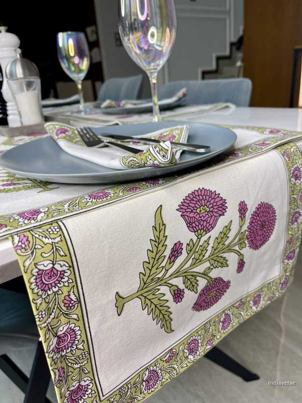 placemat napkin and runner set for 6 people hand block printed flower design purple and green