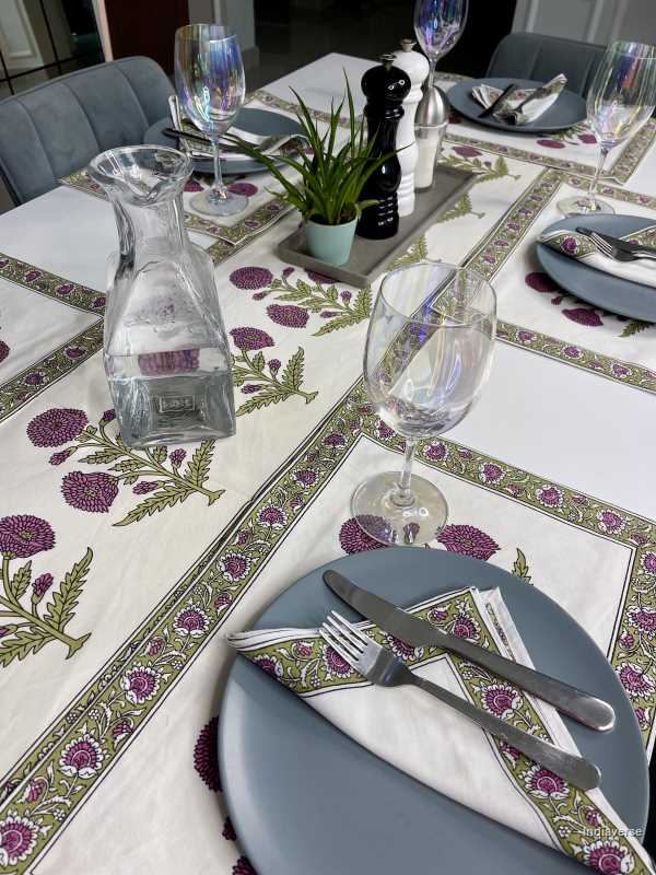 placemat napkin and runner set for 6 people hand block printed flower design purple and green