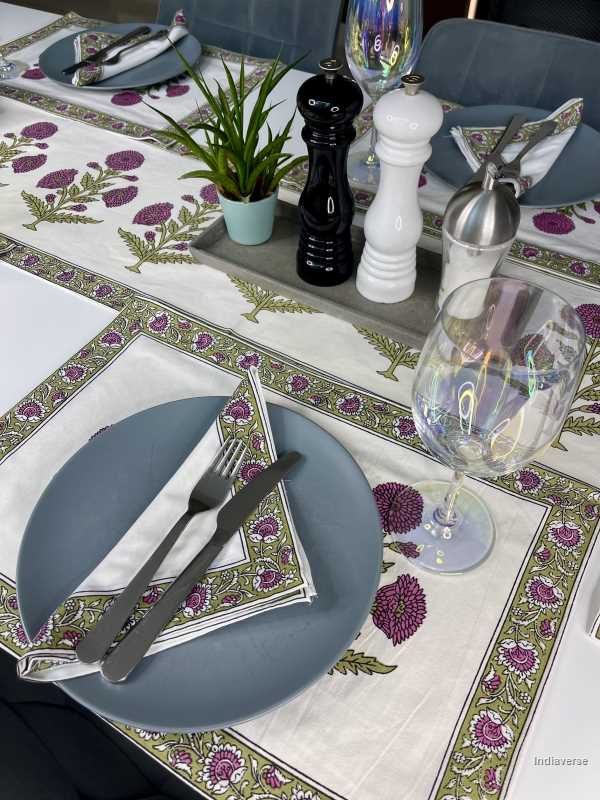 placemat napkin and runner set for 6 people hand block printed flower design purple and green