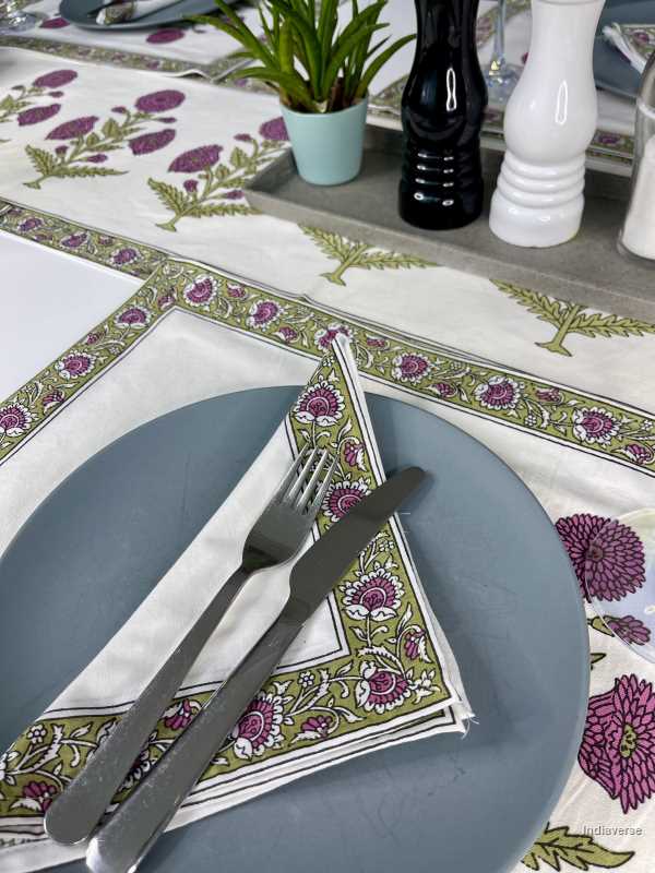 placemat napkin and runner set for 6 people hand block printed flower design purple and green