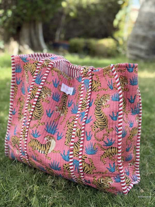 pure cotton large quilted tote bag for travel shopping beach with vibrant tiger design on pink background