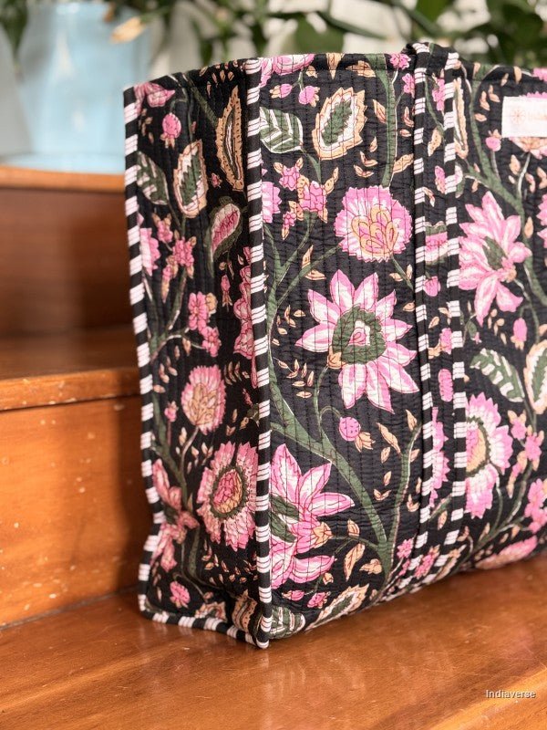 Floral-patterned fabric on a wooden surface