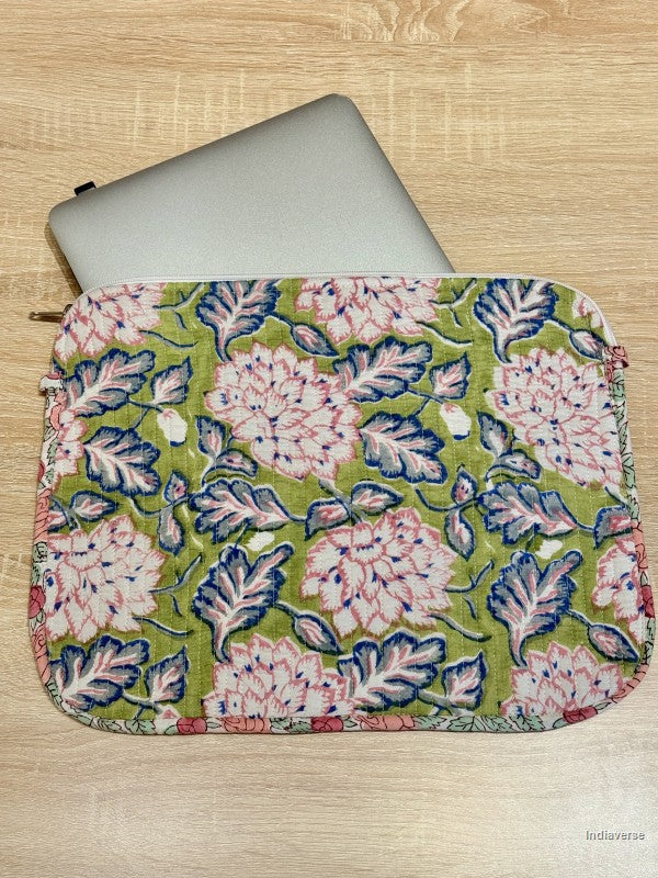 Floral patterned pouch on a wooden surface