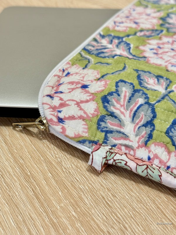 Floral-patterned pouch on a wooden surface
