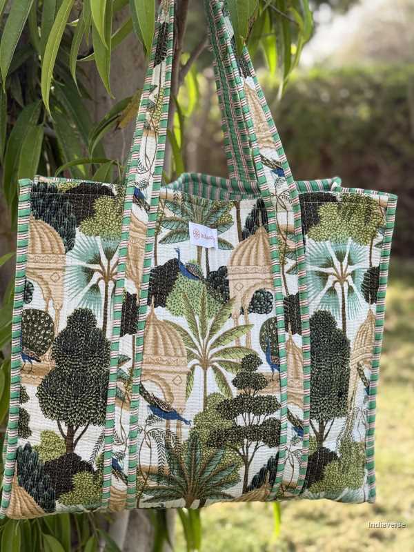 Printed quilted cotton tote bag for beach,shopping and to carry large items comfortable with peacock and trees design