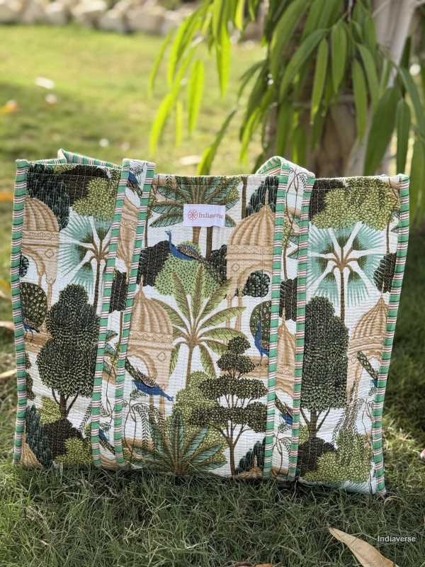 Printed quilted cotton tote bag for beach,shopping and to carry large items comfortable with peacock and trees design
