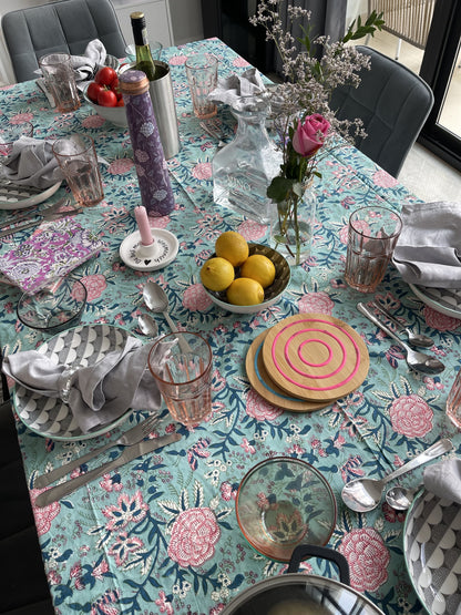 rectangular-tablecloth-for-6-seater-table-with-pink-flower-design-on-turquoise-background-with-white-and-pink-border