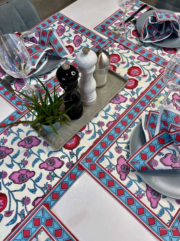 vibrant red and pink poppy design on cotton canvas placemat, napkin and runner set for 6 people dining table