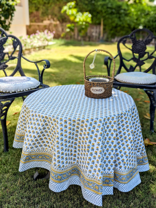 round-table-cloth-with-tiny-yellow-flowers-handblock-printed-on-white-background-with-yellow-border