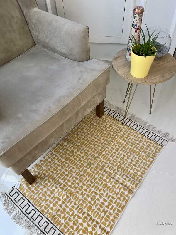 small cotton rug hand block printed with geometrical pattern perfect for the kitchen, living room or bedroom