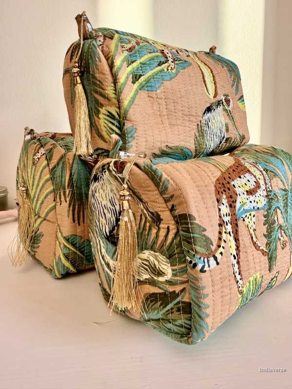 set of three sand color pouches with jungle and animal print | Sand Jungle