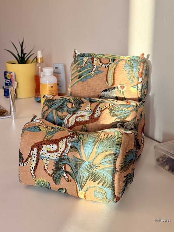 set of three sand color pouches with jungle and animal print | Sand Jungle