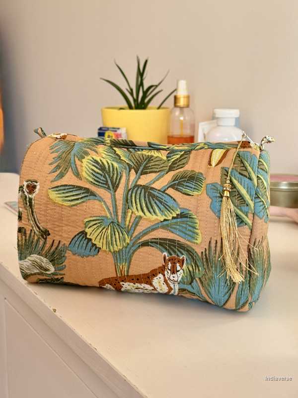 Close up of sand color pouch with jungle and animal print | Sand Jungle