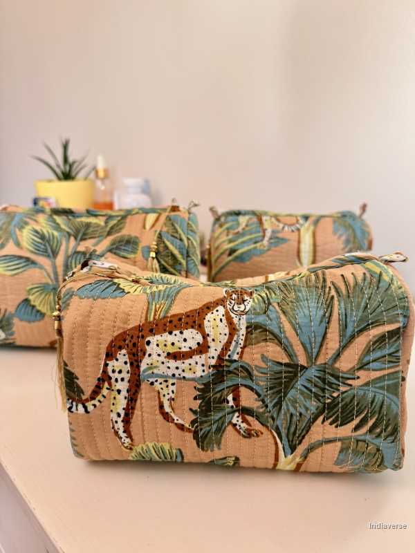 set of three sand color pouches with jungle and animal print | Sand Jungle