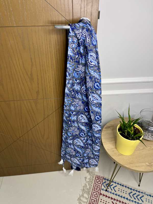 Blue grey color hand block printed floral design on cotton lightweight and perfect for any occasion 
