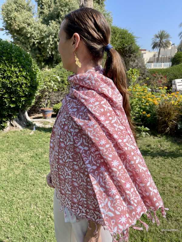 White floral hand block printed design and dark coral color on cotton lightweight and perfect for any occasion 