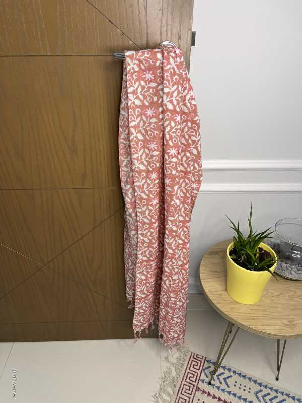 White floral hand block printed design and dark coral color on cotton lightweight and perfect for any occasion 