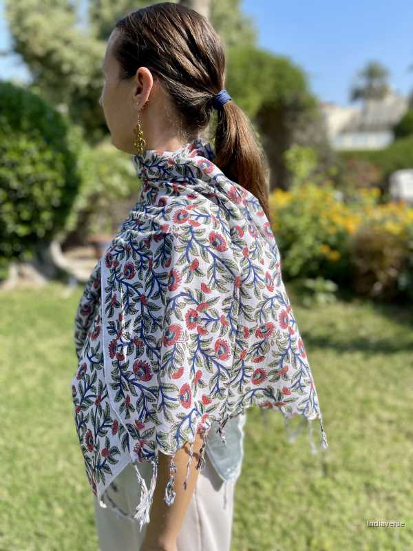 red flowers design with blue and green stems hand block printed cotton lightweight and perfect for any occasion 