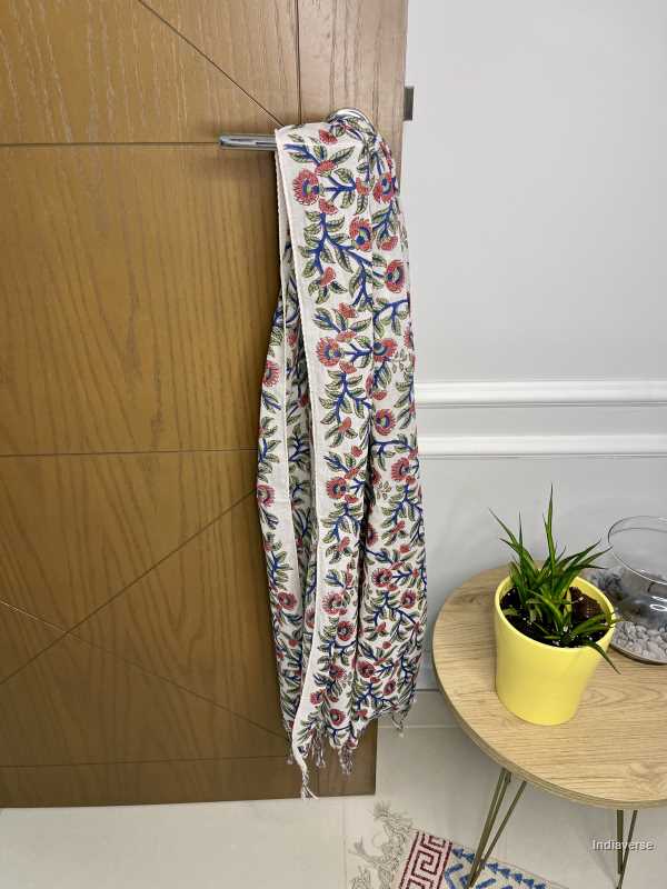 red flowers design with blue and green stems hand block printed cotton lightweight and perfect for any occasion 