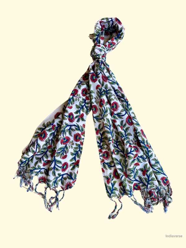 red flowers design with blue and green stems hand block printed cotton lightweight and perfect for any occasion 