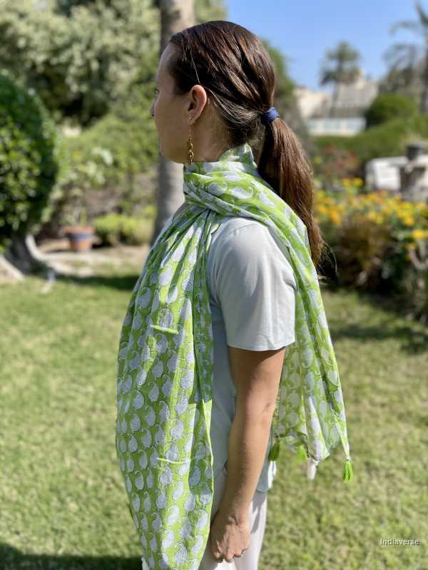 Green color hand block printed bagh design on cotton lightweight and perfect for any occasion 
