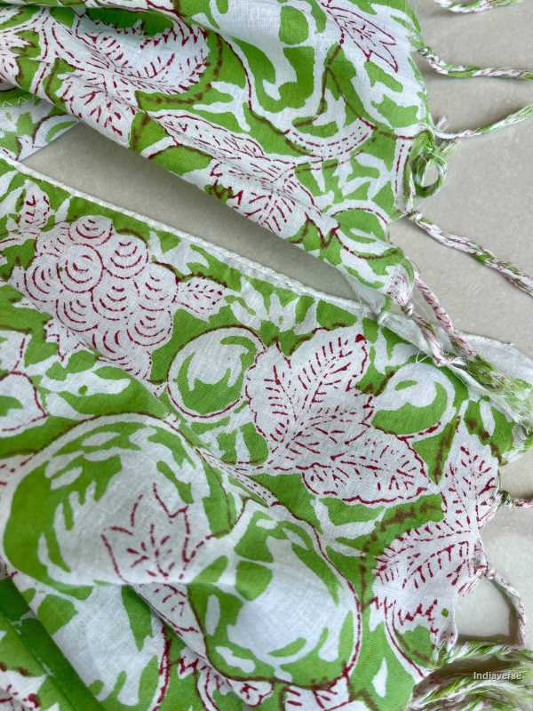 green color hand block printed cotton scarf with floral design lightweight and perfect for any occasion 