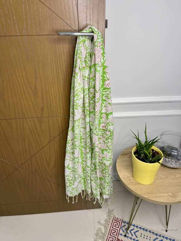 green color hand block printed cotton scarf with floral design lightweight and perfect for any occasion 