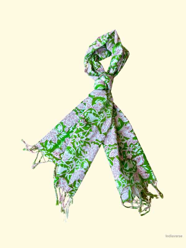 green color hand block printed cotton scarf with floral design lightweight and perfect for any occasion 