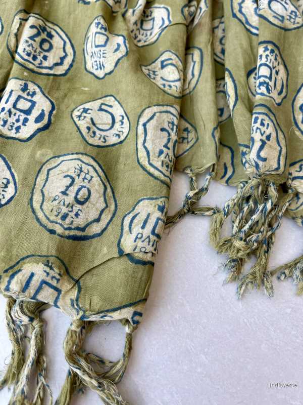 Kaki color hand block printed cotton scarf with quirky Indian rupee coin design lightweight and perfect for any occasion 