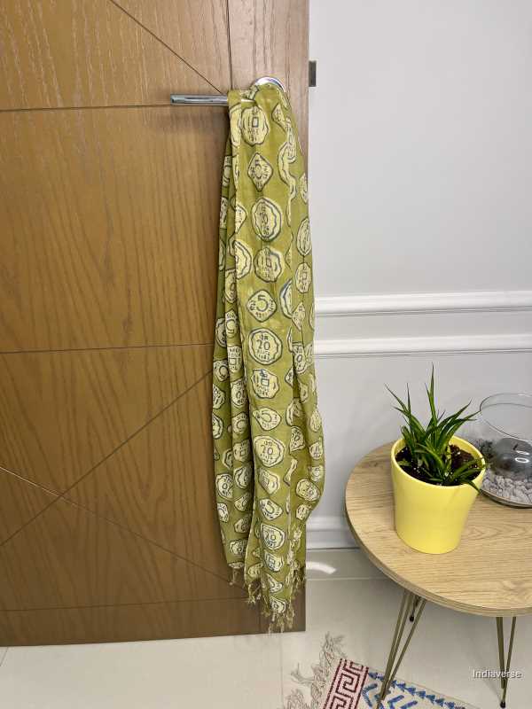 Kaki color hand block printed cotton scarf with quirky Indian rupee coin design lightweight and perfect for any occasion 