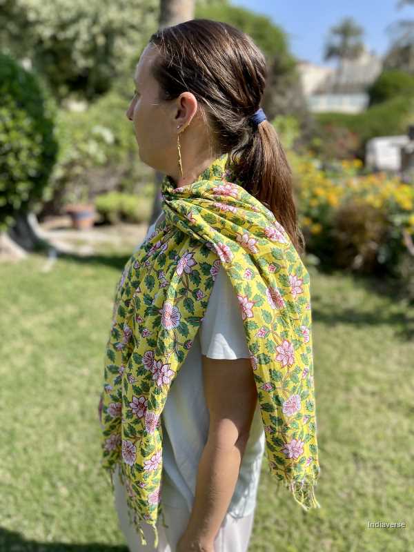Yellow color hand block printed floral design on cotton lightweight and perfect for any occasion 