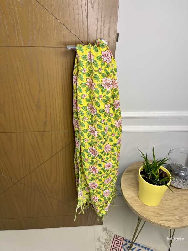 Yellow color hand block printed floral design on cotton lightweight and perfect for any occasion 