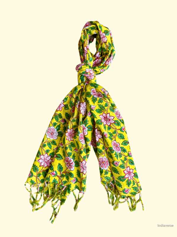 Yellow color hand block printed floral design on cotton lightweight and perfect for any occasion 
