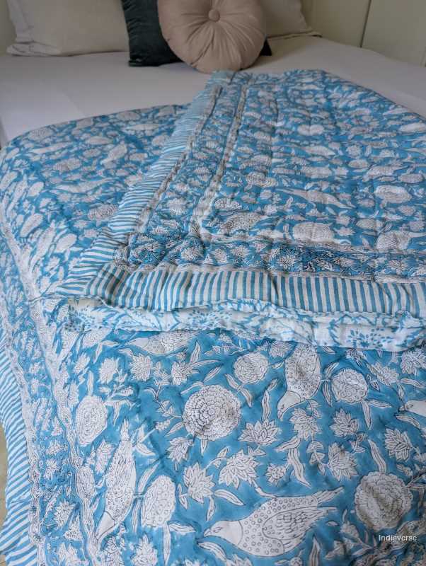 Handmade Single Quilt Blanket blue color and hand block printed bird design perfect for single bed or sofa