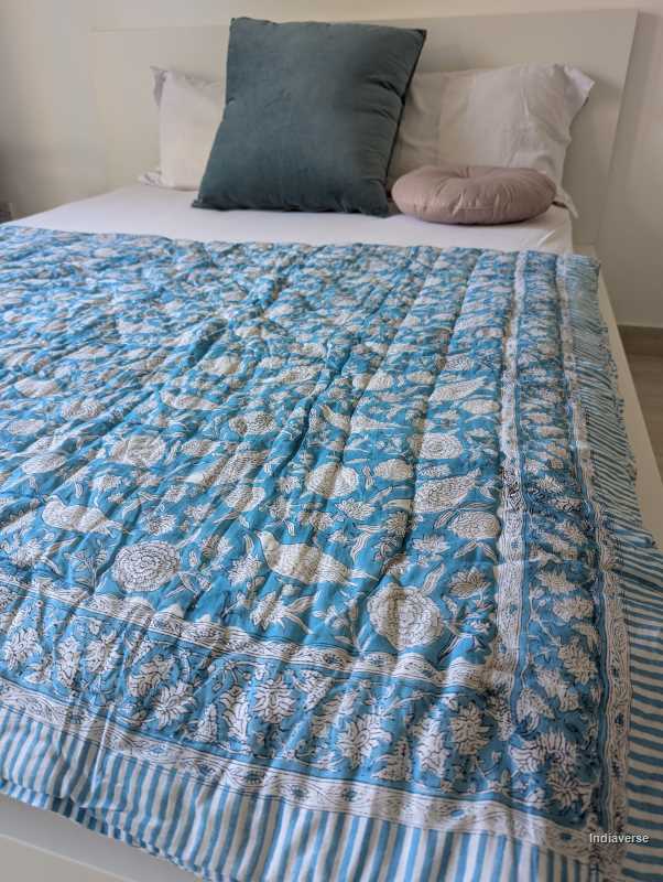 Handmade Single Quilt Blanket blue color and hand block printed bird design perfect for single bed or sofa