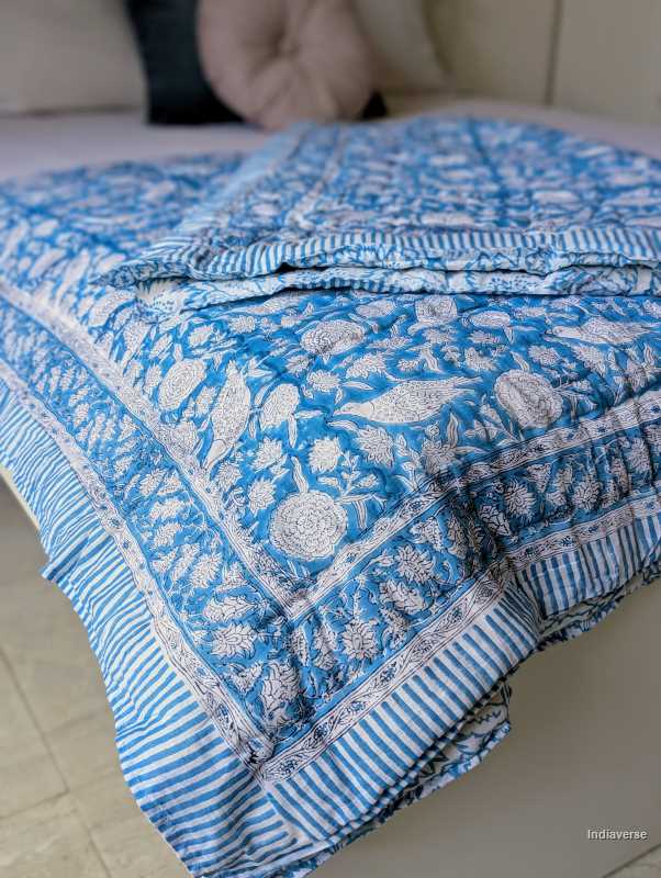 Handmade Single Quilt Blanket blue color and hand block printed bird design perfect for single bed or sofa