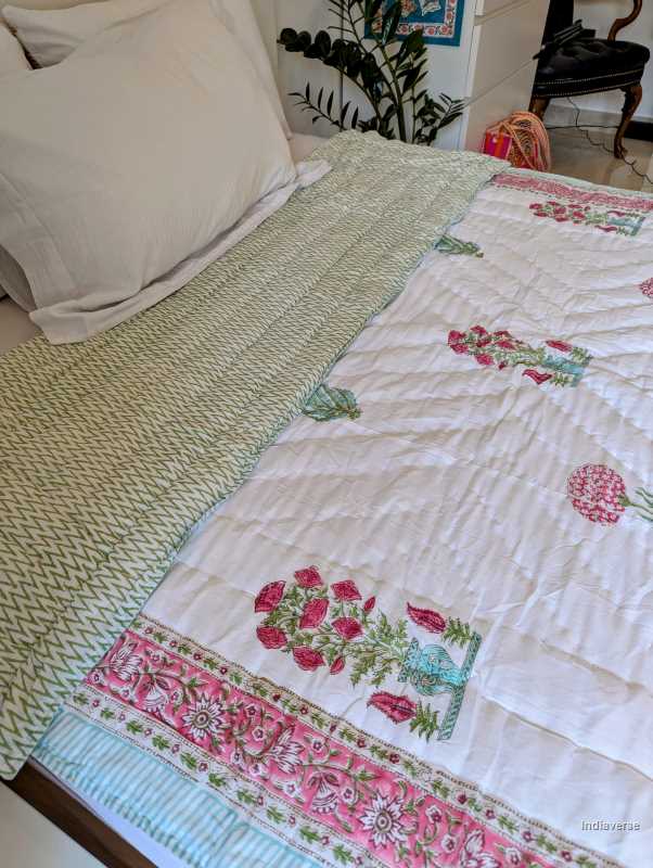 Handmade single Quilt Blanket with pink flower design hand block printed on pure cotton perfect for the couch or single bed