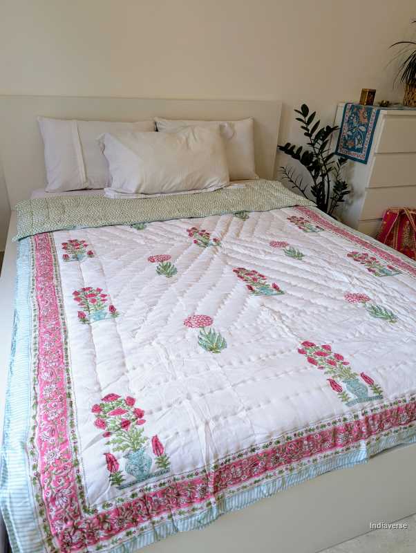 Handmade single Quilt Blanket with pink flower design hand block printed on pure cotton perfect for the couch or single bed
