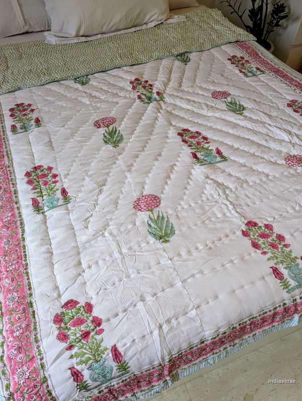 Handmade single Quilt Blanket with pink flower design hand block printed on pure cotton perfect for the couch or single bed