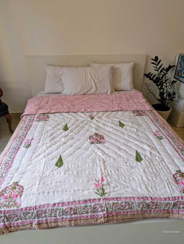 Handmade single Quilt Blanket with peacock and pink flower design hand block printed on pure cotton perfect for the couch or single bed