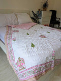Handmade single Quilt Blanket with peacock and pink flower design hand block printed on pure cotton perfect for the couch or single bed