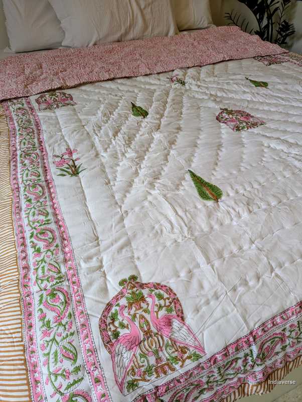 Handmade single Quilt Blanket with peacock and pink flower design hand block printed on pure cotton perfect for the couch or single bed